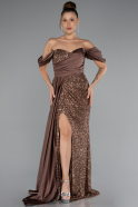Brown Boat Neck Slit Long Sequined Evening Gown ABU4085