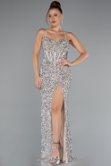 Beige Strapless Underwire Slit Long Sequin Evening Gown ABU4842