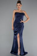 Long Navy Blue Satin Mermaid Evening Gown ABU5149