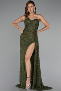 Olive Drab Strapless Beaded Slit Long Evening Gown ABU4871