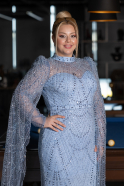 Long Light Blue Beaded Plus Size Engagement Dress ABU5153