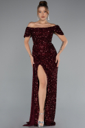 Burgundy Boat Neck Slit Long Sequin Evening Gown ABU4843