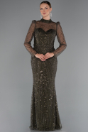 Olive Drab Long Sleeve High Collar Stoned Evening Gown ABU4526