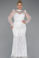White Long Sleeve High Collar Stoned Plus Size Evening Gown ABU4527