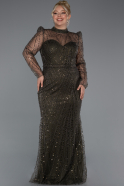 Olive Drab Long Sleeve High Collar Stoned Plus Size Evening Gown ABU4527