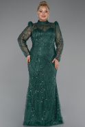 Emerald Green Long Sleeve High Collar Stoned Plus Size Evening Gown ABU4527