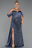 Grey-Indigo Boat Neck Long Sequined Plus Size Evening Gown ABU4086