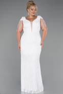 White Short Sleeve V Neck Long Sequin Plus Size Evening Gown ABU4821