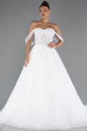 White Boat Neck Stoned Long Princess Wedding Dress ABG103