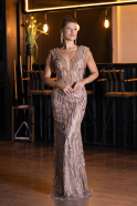 Gold Beaded Detailed V Neck Long Sequined Evening Gown ABU5802