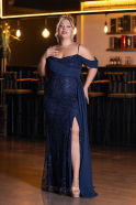 Long Navy Blue Beaded Formal Plus Size Dress ABU5319