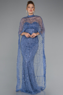 Blue Strapless Shawl Stoned Long Evening Gown ABU4517