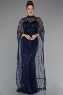 Navy Blue Strapless Shawl Stoned Long Evening Gown ABU4517