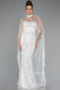 White Strapless Shawl Stoned Long Evening Gown ABU4517