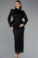 Black Long Sleeve Stand Collar Midi Beaded Evening Gown ABK2346