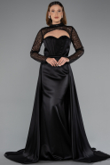 Black Long Sleeve Bustier Detailed Sequin Train Satin Evening Gown ABU4765