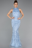 Light Blue Halter Neck Long Beaded Mermaid Evening Gown ABU4791