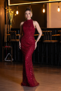 Burgundy Halter Neck Long Beaded Mermaid Evening Gown ABU4791