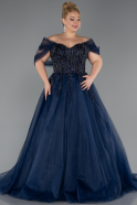 Navy Blue Off The Shoulder Stoned Plus Size Ball Gown Prom Dress ABU4747