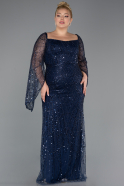 Long Navy Blue Beaded Plus Size Evening Gown ABU5067