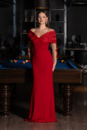 Red Boat Neck Guipure Long Sleeve Fishtail Evening Dress ABU4343