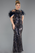 Long Navy Blue Beaded Plus Size Evening Dress ABU5540
