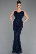 Long Navy Blue Beaded Evening Dress ABU5590