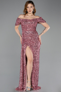 Powder Color Boat Neck Slit Long Sequin Evening Gown ABU4843