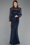 Long Navy Blue Beaded Plus Size Evening Gown ABU5643