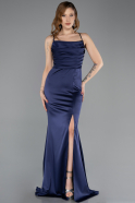 Long Navy Blue Satin Prom Gown ABU5646