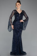 Long Navy Blue Beaded Evening Dress ABU5690