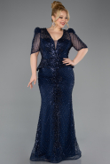 Long Navy Blue Beaded Plus Size Evening Gown ABU5692