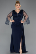 Long Navy Blue Chiffon Plus Size Evening Dress ABU5624