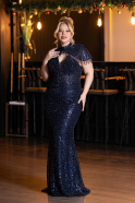 Long Navy Blue Beaded Plus Size Evening Gown ABU5698