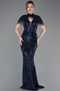 Long Navy Blue Beaded Mermaid Evening Gown ABU5697