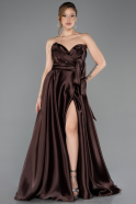 Brown Strapless High Slit Long Satin Graduation Prom Dress ABU4774