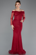 Cherry Colored Long Dantelle Evening Dress ABU5617