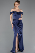 Long Navy Blue Satin Prom Gown ABU5709