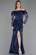 Long Navy Blue Satin Evening Dress ABU5829