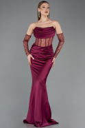 Long Cherry Colored Satin Mermaid Evening Gown ABU5888