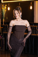 Long Brown Beaded Evening Dress ABU5922