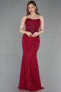 Cherry Colored Long Dantelle Evening Dress ABU5734