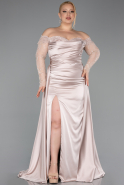 Beige Laced Long Sleeve Slit Satin Plus Size Evening Dress ABU4348
