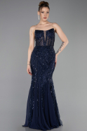 Long Navy Blue Beaded Evening Dress ABU6080