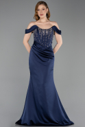 Long Navy Blue Satin Mermaid Prom Dress ABU6166