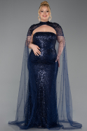 Long Navy Blue Beaded Plus Size Evening Dress ABU6162