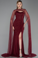 Cherry Colored Long Dantelle Evening Dress ABU5614