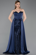 Long Navy Blue Satin Evening Dress ABU6193