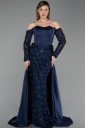 Long Navy Blue Satin Evening Dress ABU6230