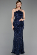 Long Navy Blue Beaded Evening Dress ABU6236